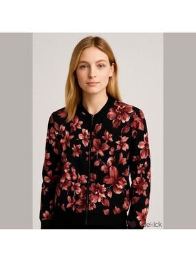 Olivia Blu Women's Black Floral zip up lightweight Jacket size petite XL